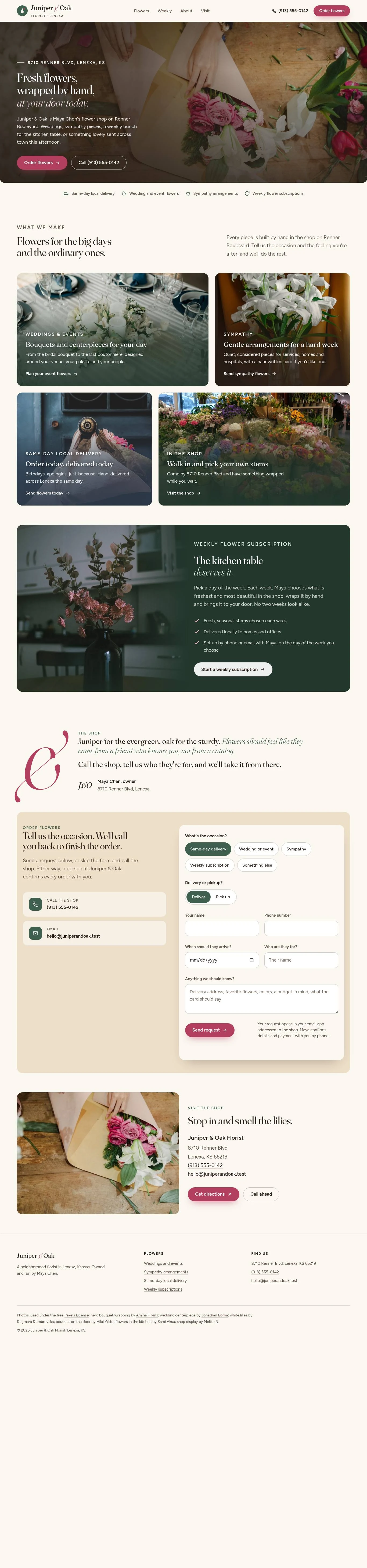Florist website, version A: Juniper & Oak, a Lenexa flower shop, with a dark photo of flowers being wrapped by hand, the headline Fresh flowers, wrapped by hand, at your door today, and Order flowers and Call buttons, desktop screenshot