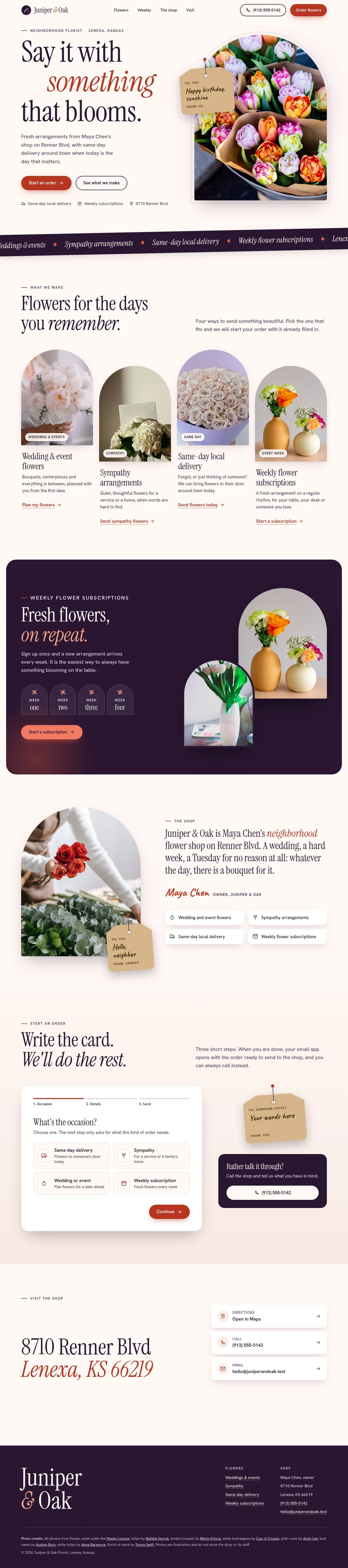 Florist website, version B: Juniper & Oak in a light layout, with the headline Say it with something that blooms, a tulip bouquet in an arched frame, and Start an order and See what we make buttons, desktop screenshot