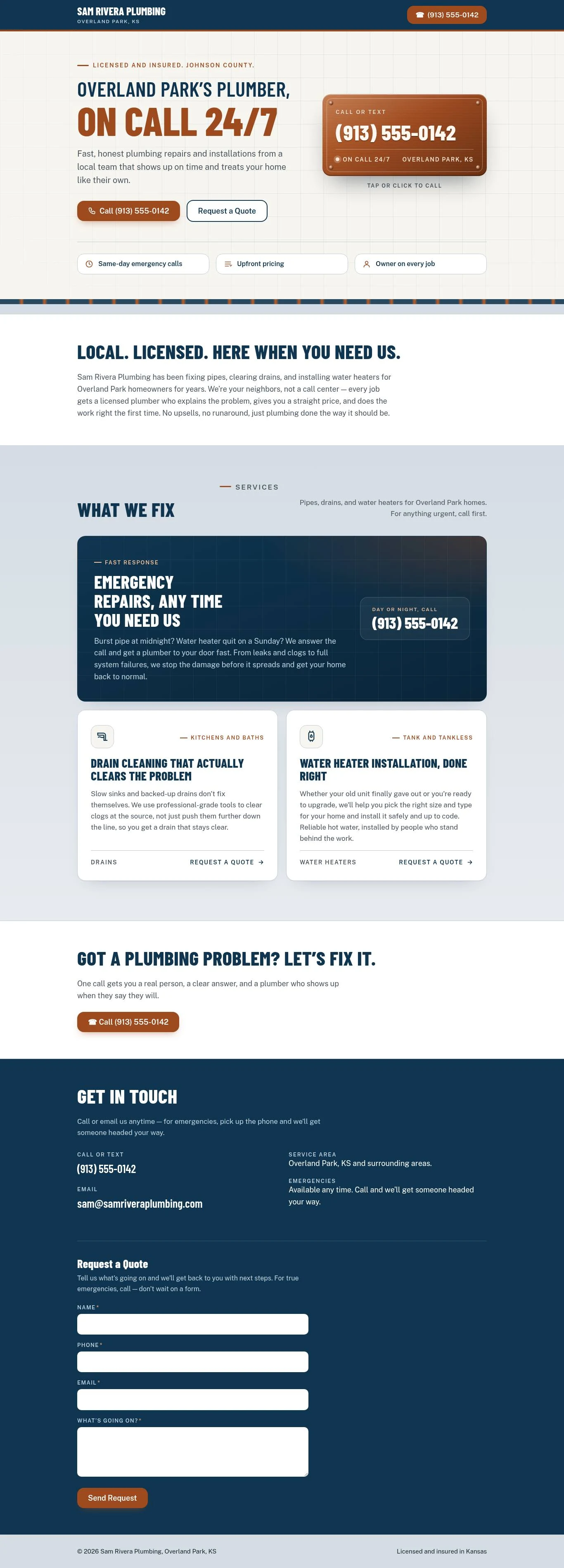Plumber website, version A: Sam Rivera Plumbing in Overland Park, in a light layout with the headline Overland Park's plumber, on call 24/7, a large call-or-text phone number card, and Call and Request a Quote buttons, desktop screenshot