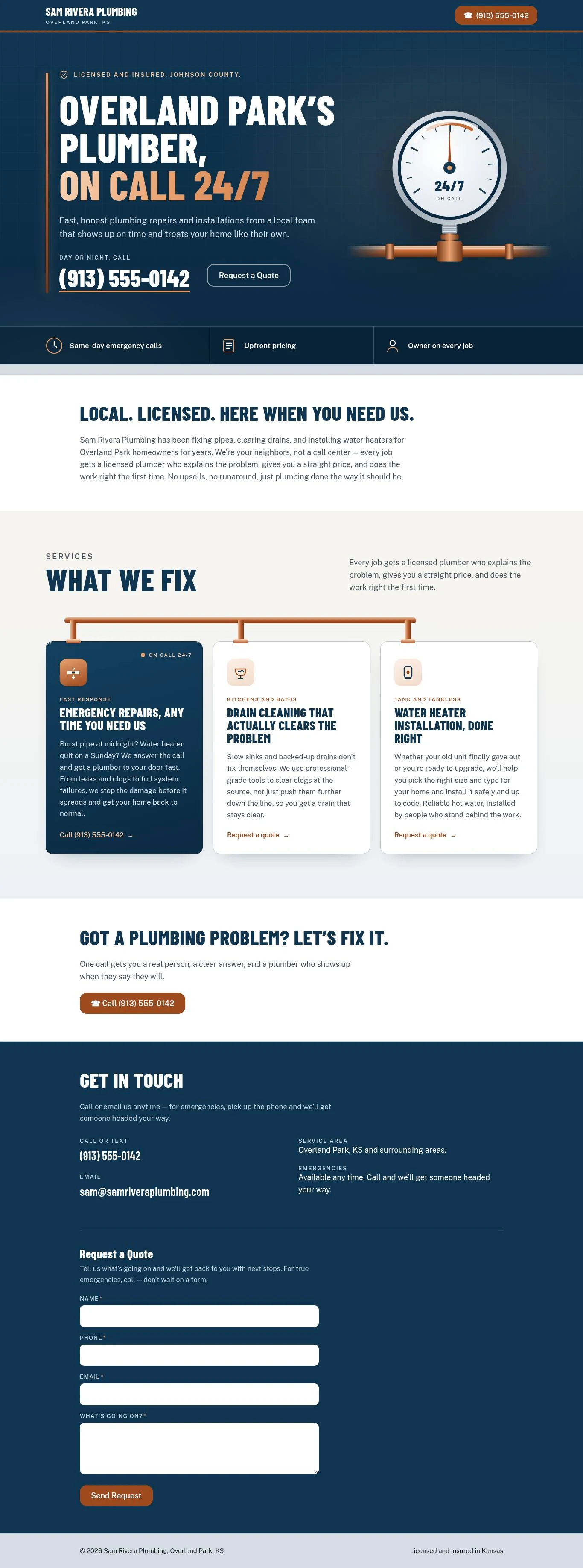 Plumber website, version B: Sam Rivera Plumbing in a dark blue layout with the headline Overland Park's plumber, on call 24/7, a pressure gauge reading 24/7, and a large phone number with a Request a Quote button, desktop screenshot