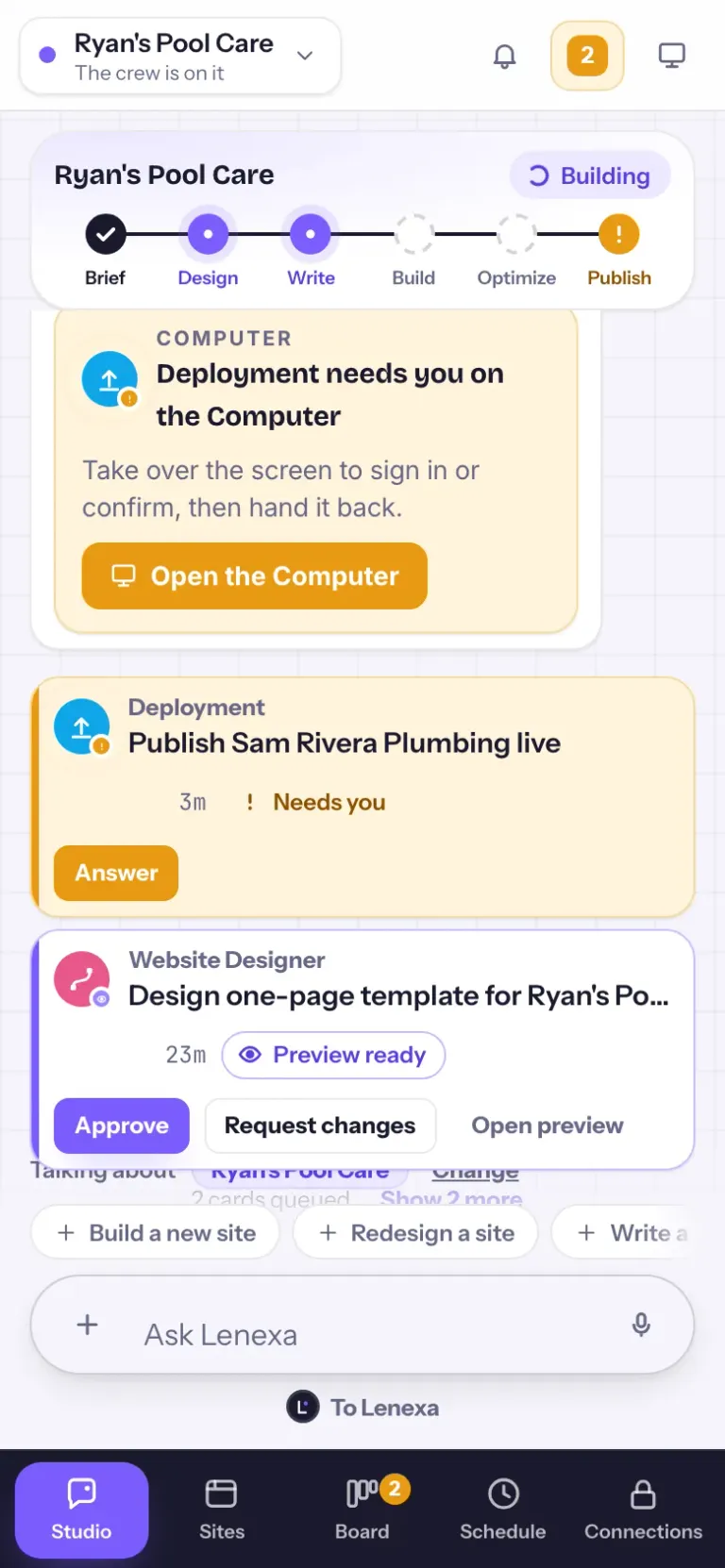 Website Studio on a phone: chat with Lenexa and the build tracker
