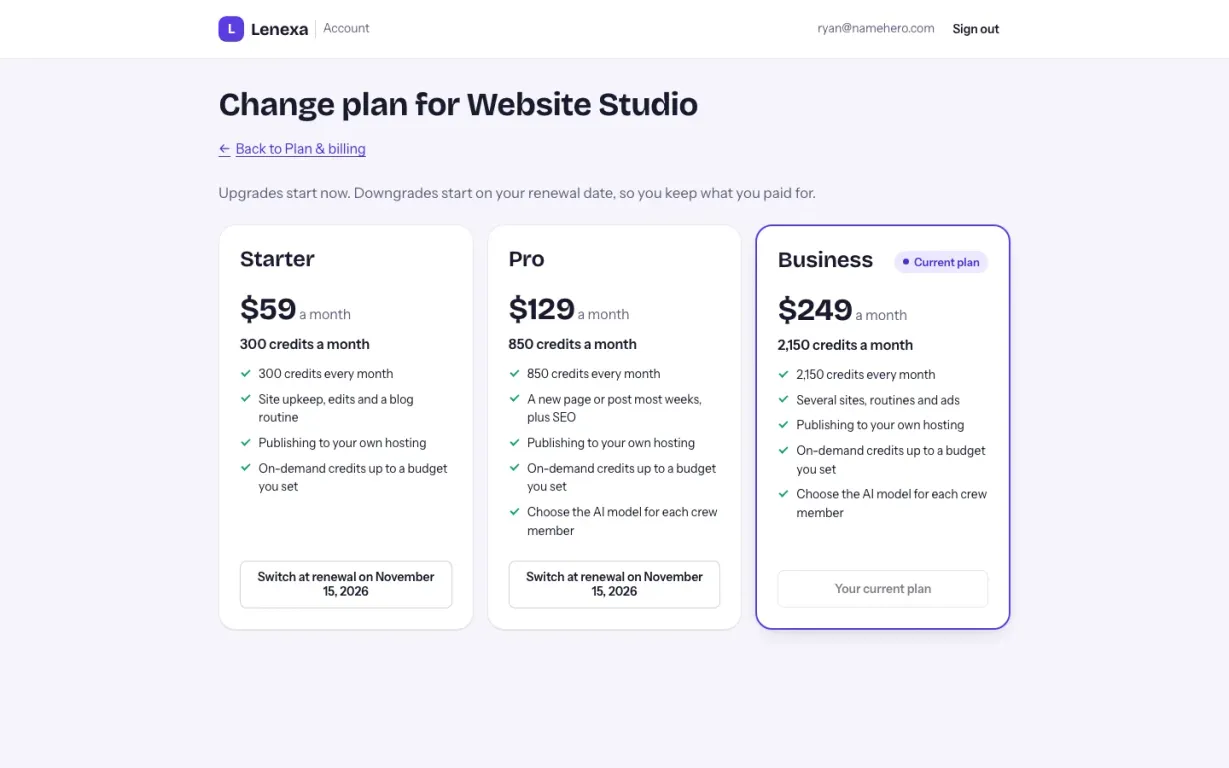 The account.lenexa.ai Change plan page for Website Studio: Starter at $59 a month with 300 credits, Pro at $129 a month with 850 credits, and Business at $249 a month with 2,150 credits