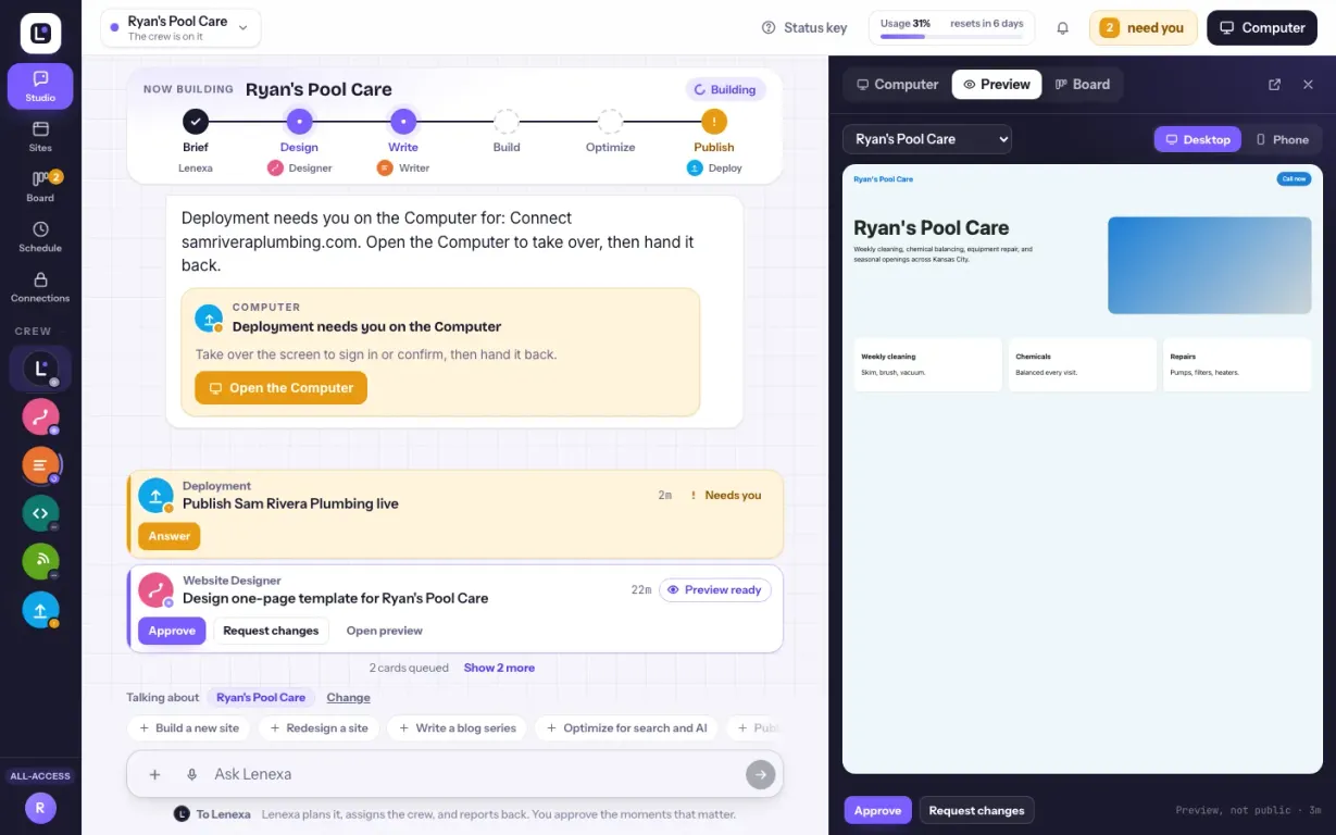 Website Studio screenshot: the chat with Lenexa on the left, with the stages Brief, Design, Write, Build, Optimize, and Publish and cards waiting for approval; a desktop preview of the Ryan's Pool Care website on the right, with Approve and Request changes buttons
