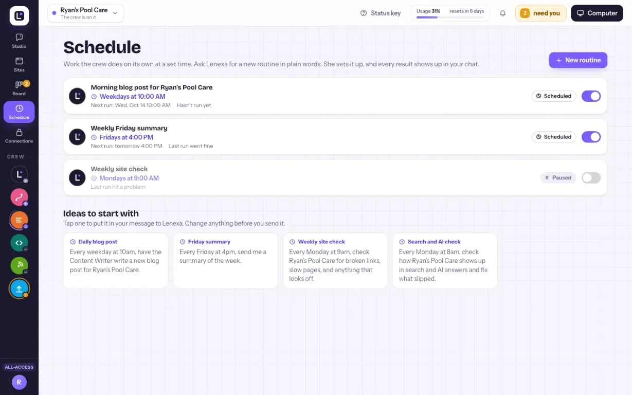 Website Studio screenshot: the Schedule page listing routines, such as a weekday morning blog post, a weekly Friday summary, and a paused weekly site check, with ideas for new routines below